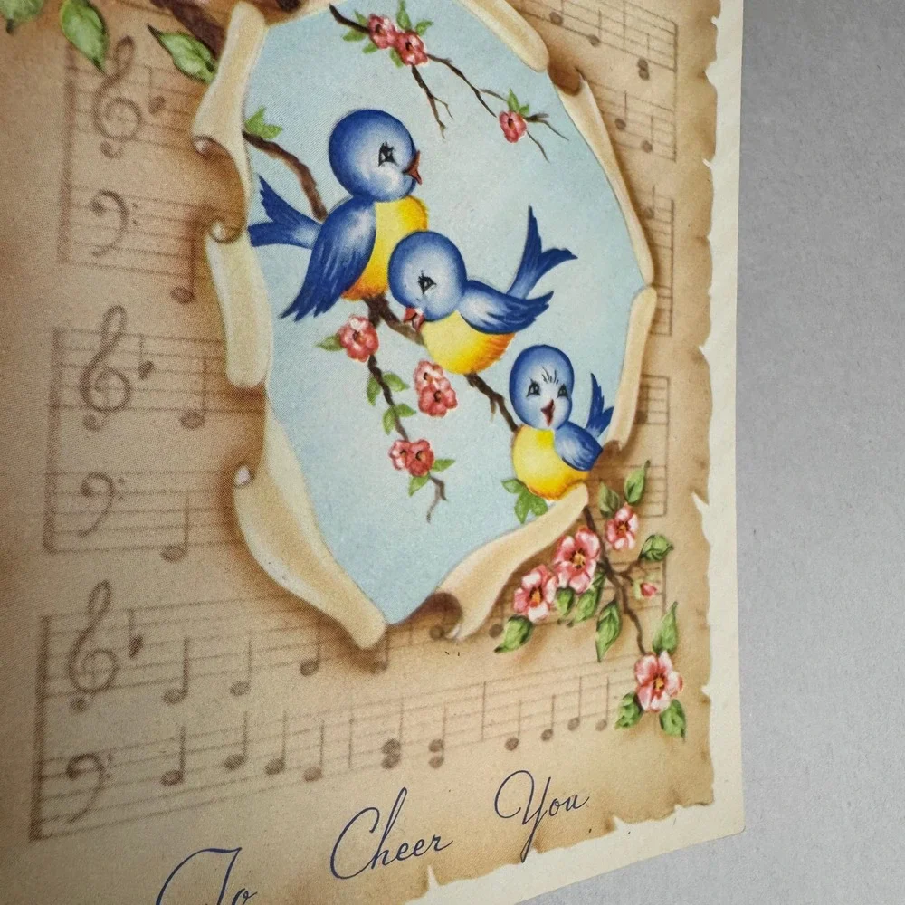 Vintage Get Well Soon‎ Greeting Card Blue Birds Music Sheet To Cheer You Unused